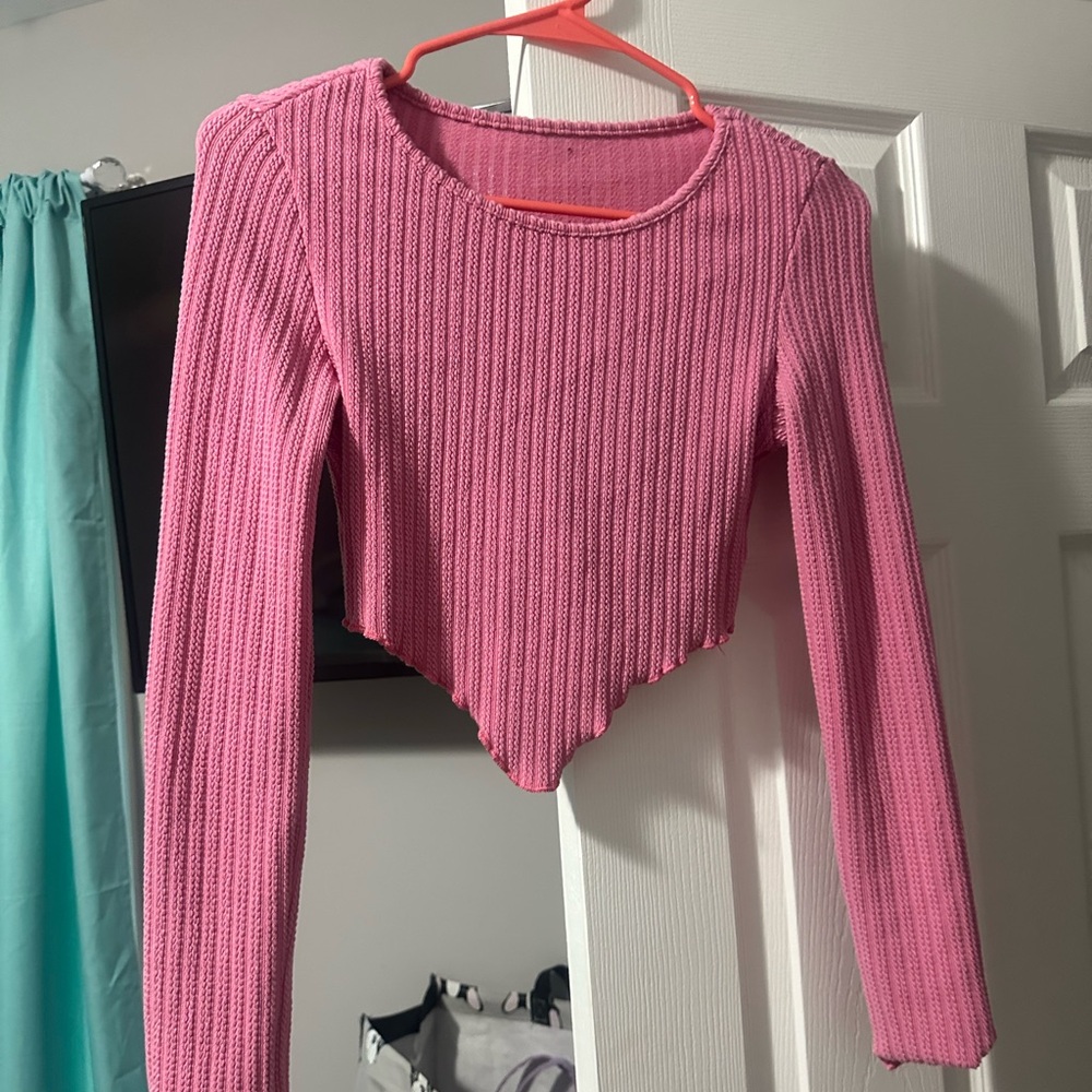 Pink Ribbed Long Sleeve Cropped Top